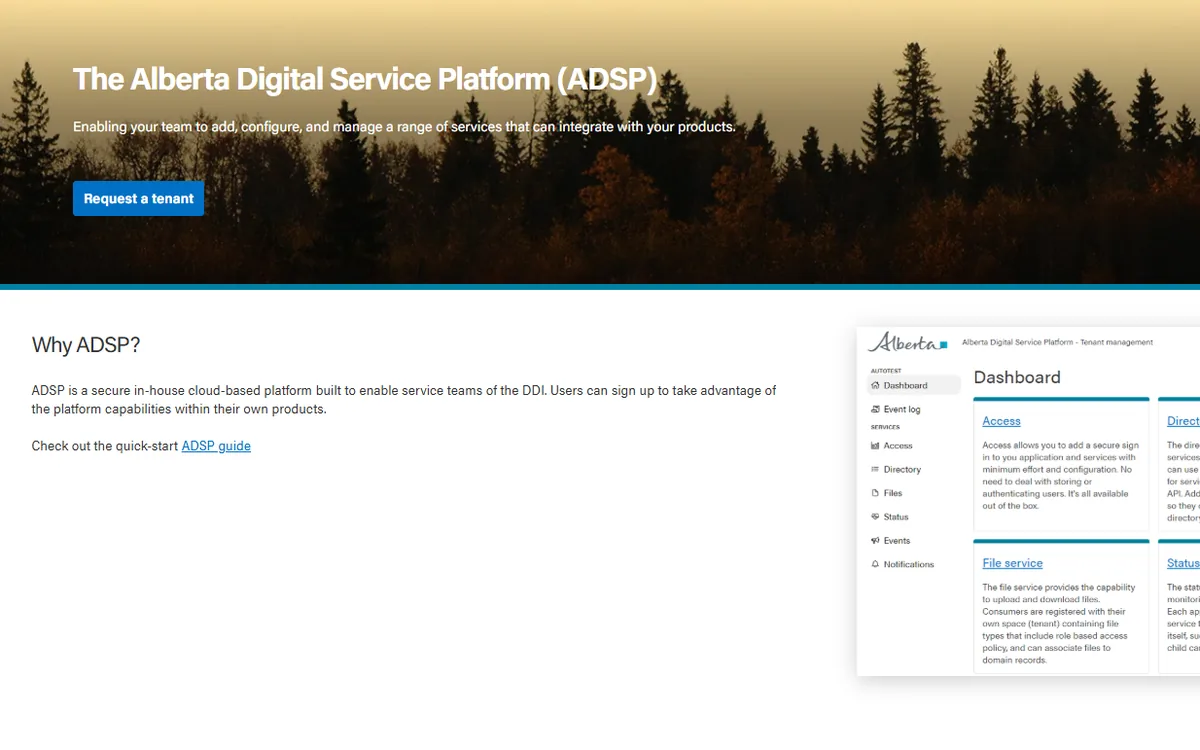 Alberta Digital Service Platform landing page with the tenant-management dashboard